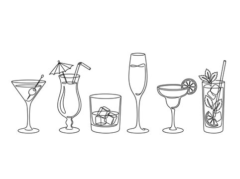 Alcoholic drink and summer cocktail glass set, minimalist continuous line art for bar menu