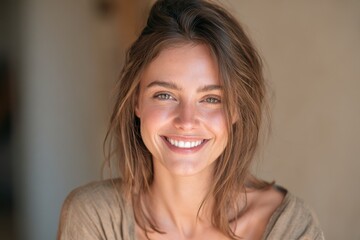 Fototapeta premium Bright studio portrait of a smiling young woman with direct eye contact and warm background blur