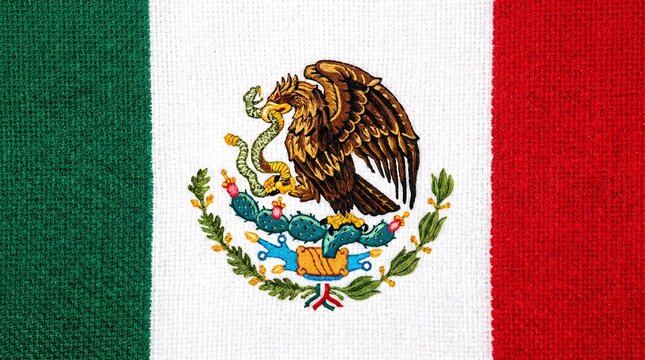 Mexican national flag featuring the coat of arms on a textured textile background for travel advertisements, cultural heritage presentations, and educational resources.