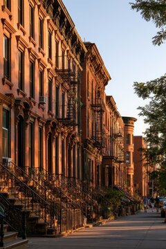 Brownstone Row Houses on a Tree-Lined Street in Bedford-Stuyvesant, Brooklyn