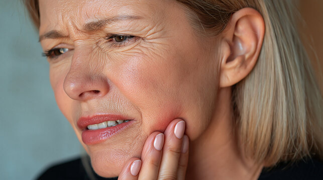 Dental Pain and Discomfort: A woman experiencing acute dental pain, her hand touching her cheek as she winces in discomfort. The image captures the distress associated with toothache.