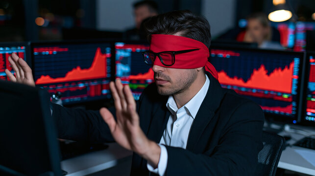 Blindfolded Trader Navigating Volatility: A man in a suit with a red blindfold over his eyes tentatively reaches towards a computer screen displaying fluctuating financial data.
