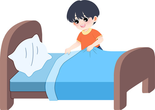 Cute little boy making his bed in the morning, learning independence and daily chores at home