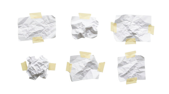 Set of crumpled paper sheets fixed with masking tape isolated isolated on transparent background
