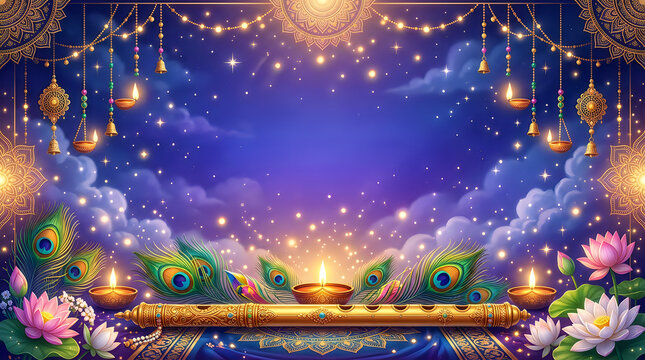 Decorative Janmashtami scene with peacock feathers and glowing lights