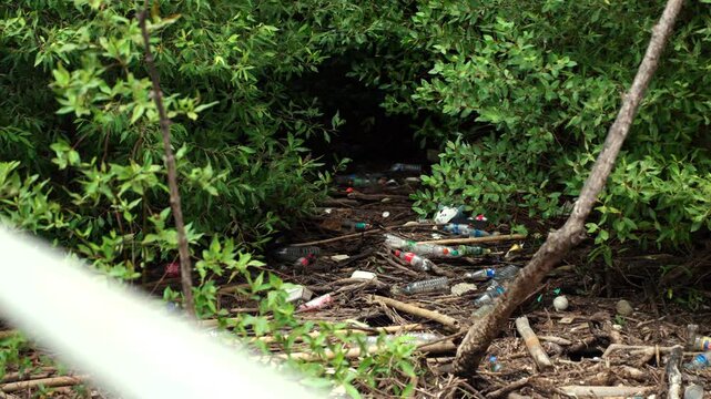 Plastic waste piled up in a forest. Highlighting the global waste crisis and environmental pollution. Waste separation, recycling, plastic reduction, climate change and sustainable living concept.

