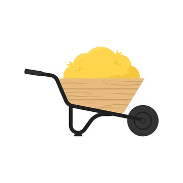 Wooden wheelbarrow filled with golden yellow hay for farming and gardening work illustration Vector