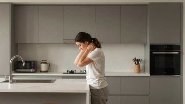 Young woman holding her neck in pain and discomfort at home, grimacing from neck ache and tension while seeking relief and self-care in a bright modern living space