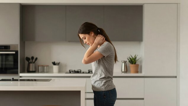 Young woman holding her neck in pain and discomfort at home, grimacing from neck ache and tension while seeking relief and self-care in a bright modern living space