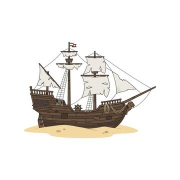 Small old wooden sailing ship with white sails on a sandy beach Vector