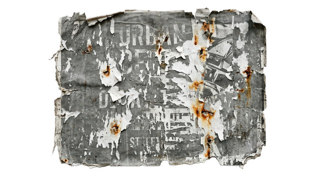 Old rusty metal plate, torn poster, grungy background isolated on transparent background