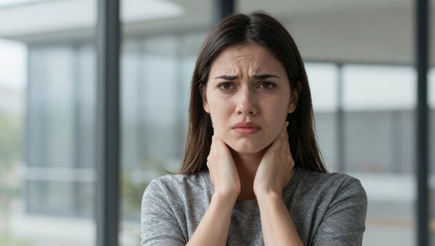 Young woman holding her neck in pain and discomfort at home, grimacing from neck ache and tension while seeking relief and self-care in a bright modern living space