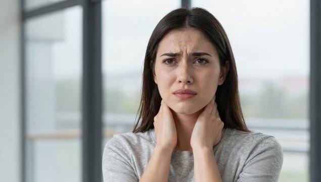 Young woman holding her neck in pain and discomfort at home, grimacing from neck ache and tension while seeking relief and self-care in a bright modern living space