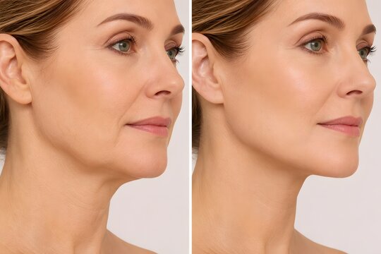 Vector thread lift before and after facial rejuvenation result. Premium non surgical sagging skin tightening and cheek volume comparison close up