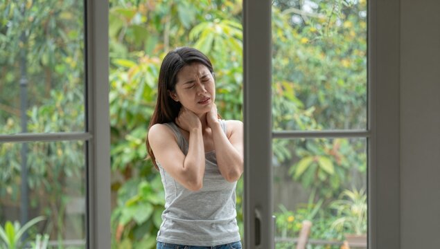 Young woman holding her neck in pain and discomfort at home, grimacing from neck ache and tension while seeking relief and self-care in a bright modern living space