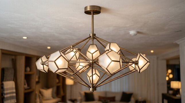 Geometric chandelier illuminating a living space with warm light