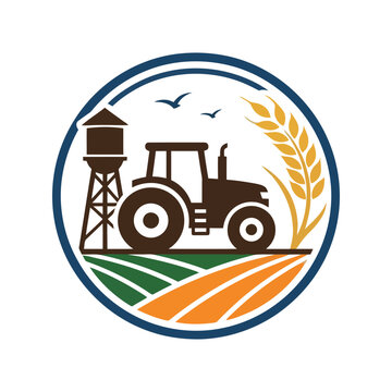 Circular farm logo with tractor water tower and wheat stalk in a colorful flat vector style Vector