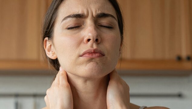 Young woman holding her neck in pain and discomfort at home, grimacing from neck ache and tension while seeking relief and self-care in a bright modern living space