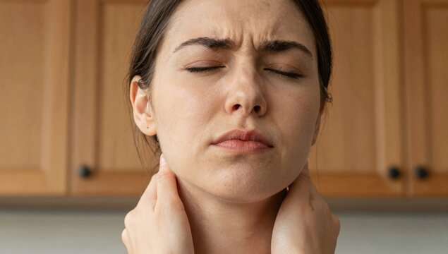 Young woman holding her neck in pain and discomfort at home, grimacing from neck ache and tension while seeking relief and self-care in a bright modern living space