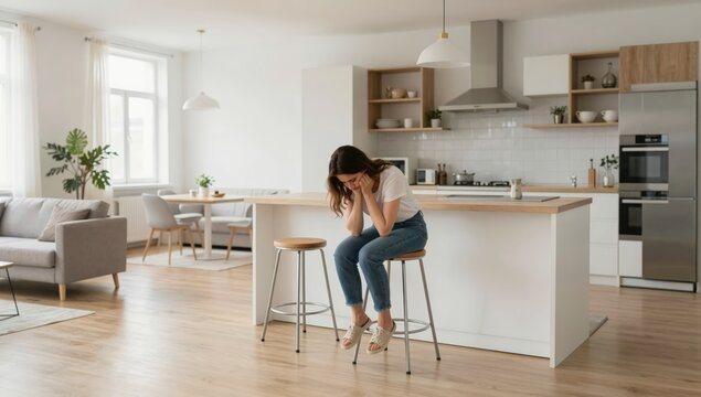 Young woman holding her neck in pain and discomfort at home, grimacing from neck ache and tension while seeking relief and self-care in a bright modern living space