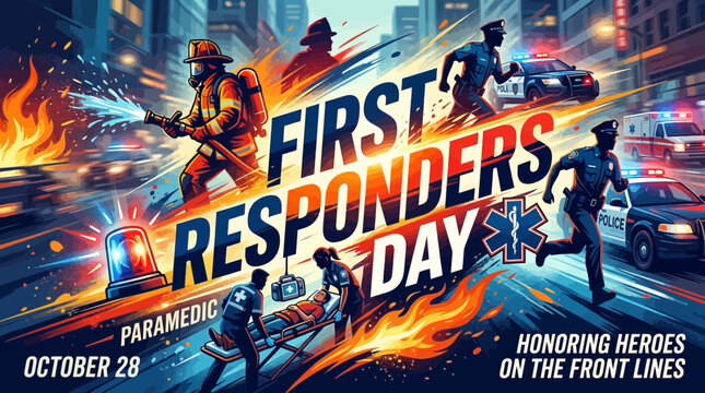A vibrant digital illustration capturing the urgency and dedication of first responders with dynamic typography for "FIRST RESPONDERS DAY" and action-oriented silhouettes