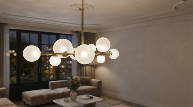 Modern abstract chandelier illuminating living room interior