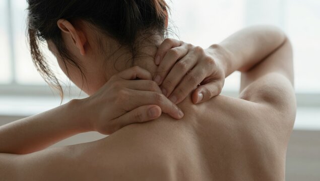 Young woman holding her neck in pain and discomfort at home, grimacing from neck ache and tension while seeking relief and self-care in a bright modern living space