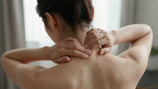 Young woman holding her neck in pain and discomfort at home, grimacing from neck ache and tension while seeking relief and self-care in a bright modern living space