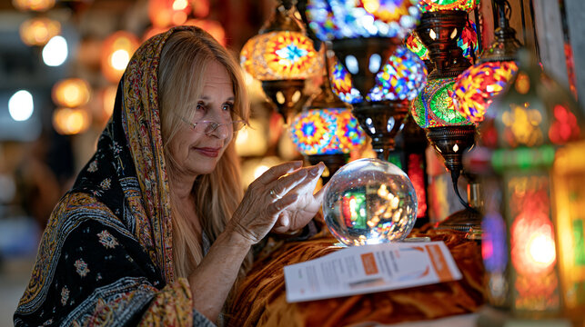 A palm reader sits alone at a vibrant lantern lit market stall, a medical device cybersecurity awareness leaflet tucked beneath her velvet tablecloth, crystal ball catching the stall lights, a uniqu