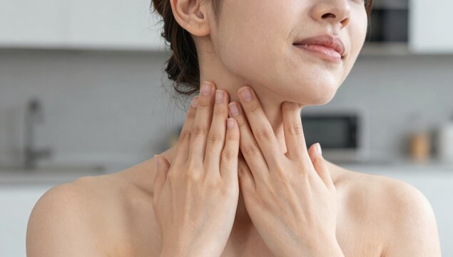 Young woman holding her neck in pain and discomfort at home, grimacing from neck ache and tension while seeking relief and self-care in a bright modern living space