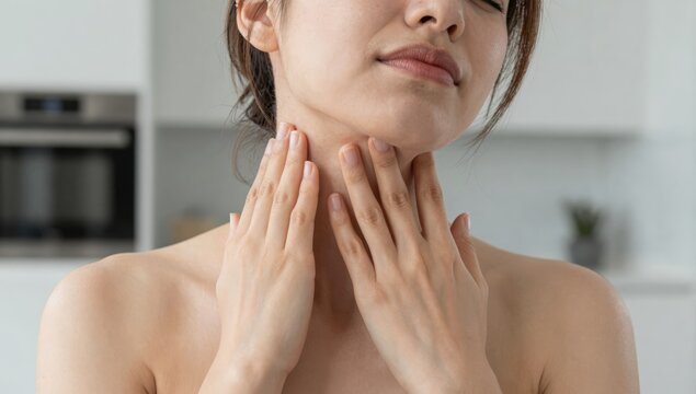 Young woman holding her neck in pain and discomfort at home, grimacing from neck ache and tension while seeking relief and self-care in a bright modern living space