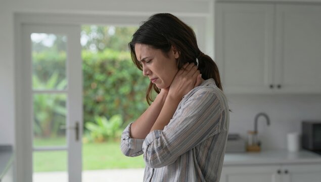 Young woman holding her neck in pain and discomfort at home, grimacing from neck ache and tension while seeking relief and self-care in a bright modern living space