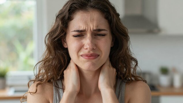 Young woman holding her neck in pain and discomfort at home, grimacing from neck ache and tension while seeking relief and self-care in a bright modern living space