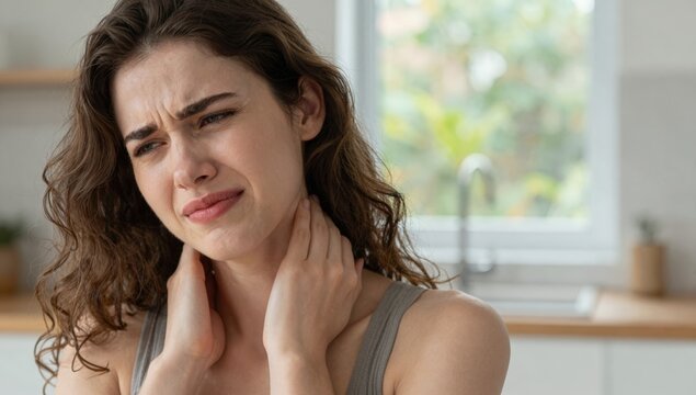 Young woman holding her neck in pain and discomfort at home, grimacing from neck ache and tension while seeking relief and self-care in a bright modern living space