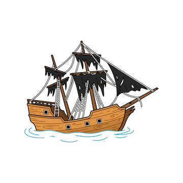 Old wooden pirate ship with tattered black sails floating on blue ocean water waves illustration Vector