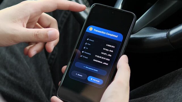Person checks a completed cryptocurrency transfer on a smartphone, highlighting mobile blockchain payments, digital assets and the growing role of decentralized finance.