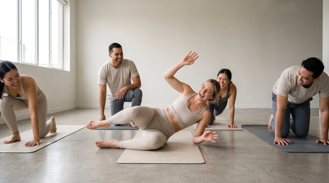 Playful woman falling backward during a group pilates class in a studio