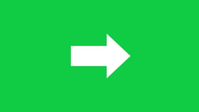 White arrow sign moving rightward across a vivid chroma key green background in this simple digital motion graphic video clip