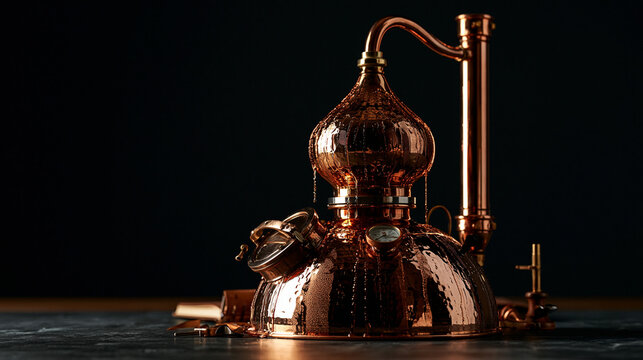 A single copper pot still gleams in a minimalist distillery studio, condensation trailing its curves, a master distiller's logbook open beside a hydrometer, the lone object framed with precision sug