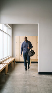 Welcoming man walking through an urban gym locker room with confidence