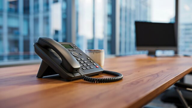 Business desk telephone on wooden office table with city skyline in background