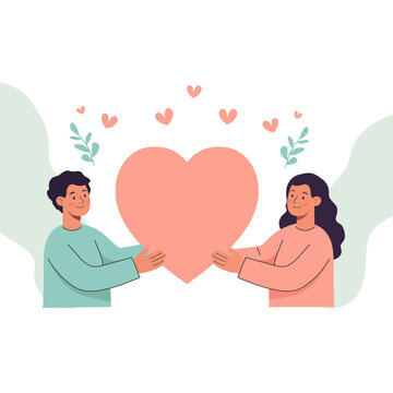 Young couple holding a large heart with love symbols
