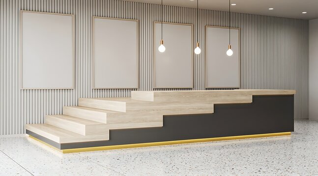 Modern minimalist interior design with wooden steps and blank canvases.