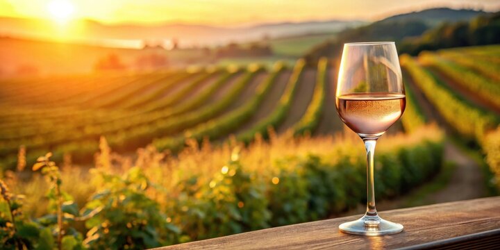 A glass of ros? wine rests on a wooden surface, bathed in the warm glow of a setting sun over rows of vineyards.