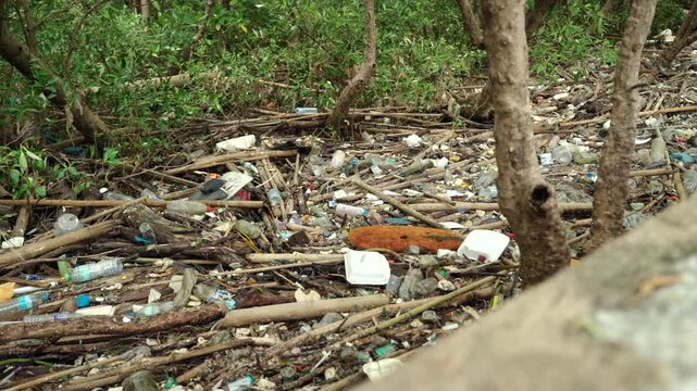 Plastic waste piled up in a forest. Highlighting the global waste crisis and environmental pollution. Waste separation, recycling, plastic reduction, climate change and sustainable living concept.
