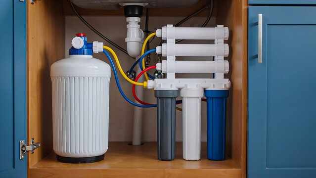 Under sink water filtration system with multiple filter cartridges and storage tank in kitchen cabinet