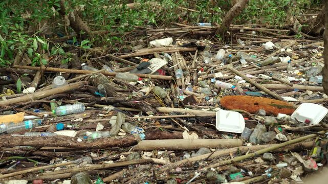 Plastic waste piled up in a forest. Highlighting the global waste crisis and environmental pollution. Waste separation, recycling, plastic reduction, climate change and sustainable living concept.
