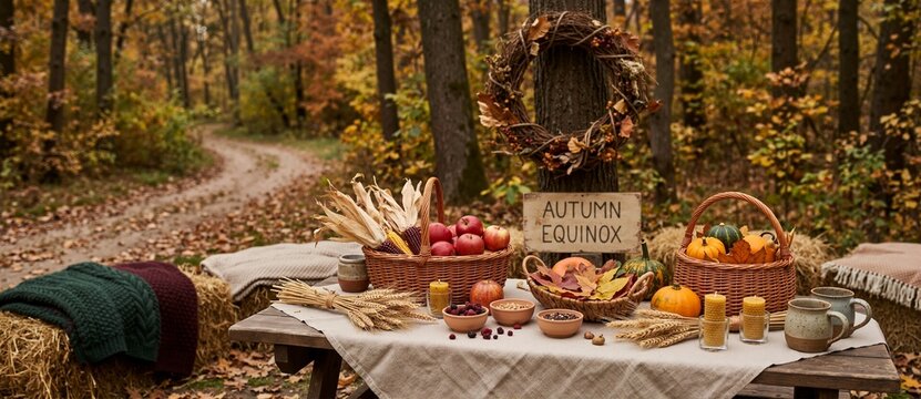 Outdoor table setting for autumn equinox celebration. Rustic display with apples, pumpkins and wheat in a forest. Seasonal harvest festival concept