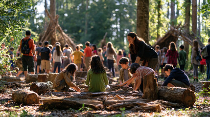 Fototapeta premium A troop of summer campers crowds a forest clearing during early autumn, children mid reinvention activity building shelters, a middle aged returning counselor working alongside them in an outdoor na