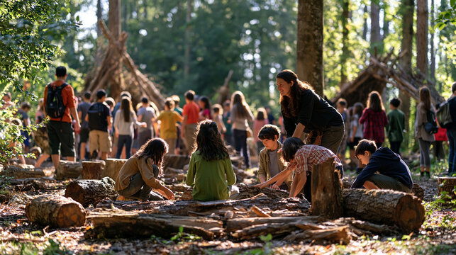 A troop of summer campers crowds a forest clearing during early autumn, children mid reinvention activity building shelters, a middle aged returning counselor working alongside them in an outdoor na
